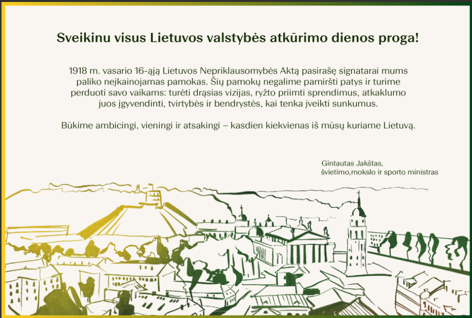 Sveikinimas Lietuvos valstybės atkūrimo dienos proga